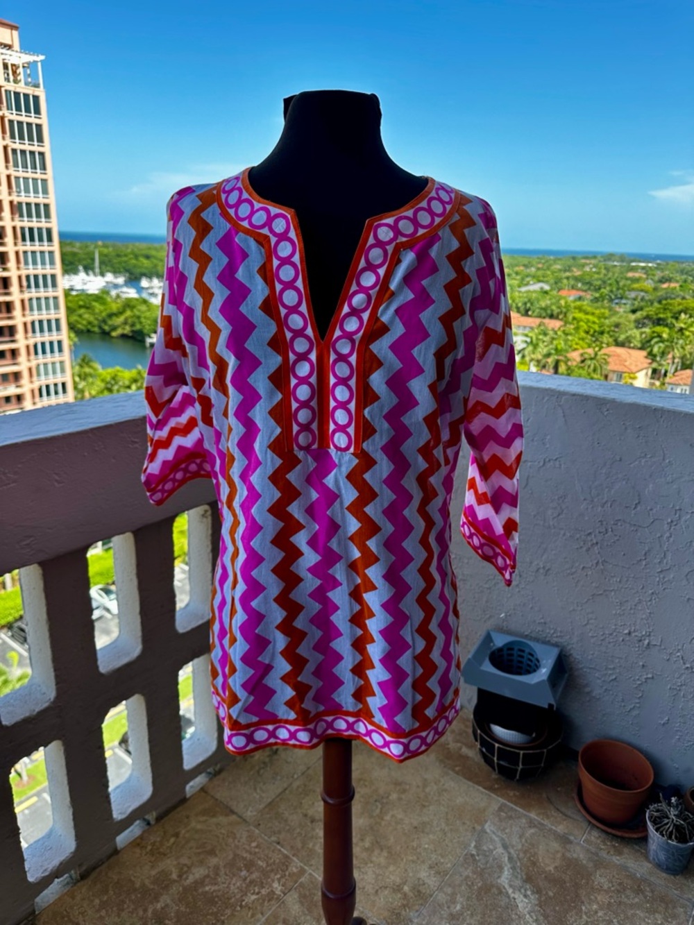 Gretchen Scott 100% Cotton Pink Orange Chevron 3/4 Sleeve Tunic Top Size M